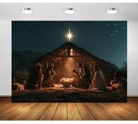 BELECO 2.1x1.5m Fabric Bethlehem Star Night Backdrop Nativity Backdrop | Nativity Stable Manger Scene Three Wise Men Birth of Jesus Backdrop Religious Christmas Party Decorations Photo Props