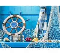 BELECO 2.1x1.5m Fabric Blue Wooden Nautical Backdrop Sailor Backdrop Sailing Ship Boat Rudder Fishing Net Lighthouse Background Summer Nautical Theme Baby Shower Birthday Party Decorations Studio Prop