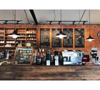BELECO 2.1x1.5m Fabric Cozy Coffee Restaurant Bar Backdrop for Photography Coffee Shop Interior Vintage Brick Wall Wooden Counter Background for Party Decorations Photo Booth Studio Wallpaper