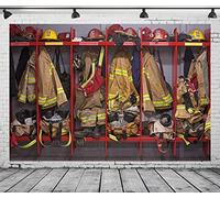 BELECO 2.1x1.5m Fabric Firefighter Locker Room Backdrop for Photography Fire Station Interior Firefighter Suits Equipments Background Fireman Firefighters Backdrop Birthday Party Decor Photo