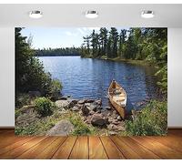 BELECO 2.1x1.5m Fabric Forest Lake Fisherman's Canoe Backdrop for Photography Summer Green Trees River Fishing Background Fishing Theme Party Decorations Studio Booth Photo Props
