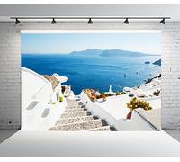 BELECO 2.1x1.5m Fabric Greece Santorini Island Backdrop White Houses Architecture Stairs Aegean Sea Cruise Ship Mountains Scenery Background for Birthday Wedding Photography Greece Party Photo