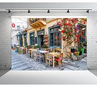 BELECO 2.1x1.5m Fabric Greece Street Cafe Backdrop Greek Tavern Restaurant Cafe Greece Flowers Street Background for Birthday Wedding Greece Party Decorations Photo