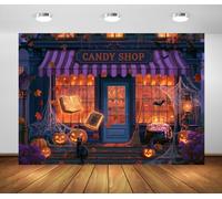 BELECO 2.1x1.5m Fabric Halloween Candy Shop Backdrop Magic Store Background | Pumpkin Cat Cauldron Spider Web Candy Store Background Trick or Treat Party Decorations Banner Photo Booth Props
