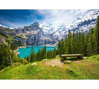 BELECO 2.1x1.5m Fabric Mountain Lake Backdrop Alps Mountains Blue Lake Green Forest Pine Trees Nature Scenery Background Outdoor Hiking Camping Picnic Party Decorations Photo Studio Photography Props
