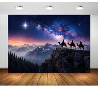 BELECO 2.1x1.5m Fabric Nativity Scene Backdrop Bethlehem Star Background | Three Kings Wise Men Camel Mountain Starry Night Sky Backdrops Religious Christmas Church Party Decorations Banner Photo Prop