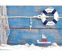 BELECO 2.1x1.5m Fabric Nautical Backdrop Life Buoy Boat Shells Blue Wooden Background Sailor Photography Backdrop for Party Decoration Birthday Boy Girl Baby Shower Photoshoot Photo Background