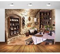 BELECO 2.1x1.5m Fabric Old Kitchen Backdrop for Photography Ancient Stone Wall Castle Kitchen Interior Cooking Utensils Dining Table Background Portrait Photoshoot Studio Photo Wall Mural
