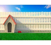 BELECO 2.1x1.5m Fabric Outdoor Garden Doghouse Backdrop for Photography Wooden Cabin Dog House with Red Roof Green Grass Meadow White Fence Blue Sky background for Birthday Party Decor Photo Studio