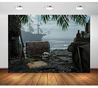 BELECO 2.1x1.5m Fabric Pirate Theme Backdrop Pirate Ship Treasure Chest Map Gun Skull Caribbean Sea Pirate Island Beach Background Pirate Party Decorations Halloween Pirates Trunk or Treat Photo