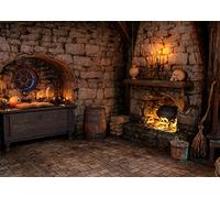 BELECO 2.1x1.5m Fabric Spooky Witch Cottage Backdrop - Halloween Magic Room Kitchen Fireplace, Magical Potion Books, Candle, Skulls, Sorcerer Photography Background - Party Decorations Photo