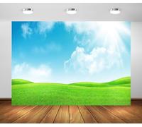 BELECO 2.1x1.5m Fabric Spring Green Hills Meadow Backdrop Green Grass Lawn Sunshine Blue Sky White Clouds Photography Background Outdoor Nature Scenery Easter Decor Kid Baby Portrait Photo Studio Prop
