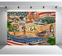 BELECO 2.1x1.5m Fabric Vintage Route 66 Themed Photography Backdrop Comic Retro Road Map Motel Motorcycle Classic Cars American Historic Route 66 Background for Birthday Party Decorations Photo Props