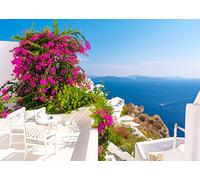 BELECO 2.1x1.5m Greece Santorini Island Backdrop for Photography Blue Aegean Sea Landscape Blossoming Flowers Santorini Background Greece Theme Party Decorations Studio Booth Photo Wallpaper