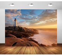 BELECO 2.1x1.5m Sunset Peggy's Cove Lighthouse Backdrop Seaside Rock Ocean Scenery Canada Famous Lighthouse Background Travel Portrait Photoshoot Photo Booth Studio Props