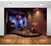 BELECO 2.5x1.8m Fabric Modern Jazz Bar Backdrop for Photography Music Club Backdrop Pub Bar Cafe Interior Piano Cello Rock Roll Jazz Blues Music Stage Concert Background Music Party Decor Photo