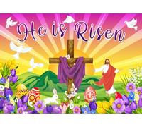 BELECO 2.5x2.5m Fabric He Is Risen Backdrop Easter Cross Flowers Background | Sunrise Cross Easter Garden Resurrection Scene Background Purple Draped Easter Church Sunday Photo Booth Props