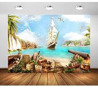 BELECO 2.7x1.8m Fabric Beach Island Pirate Theme Backdrop Pirate Ship Treasure Chests Barrels Parrot Ocean Sailing Boat Mountain Waterfalls Pirates Background Pirate Theme Party Decorations Photo