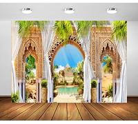 BELECO 2.7x1.8m Fabric Beautiful Egypt Fresco Backdrop Desert Pyramid Sphinx Arabic Style Garden Arch Door with Curtains Tropical Leaves Background Egypt Theme Party Decorations Home Decor Photo