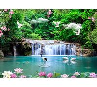 BELECO 2.7x1.8m Fabric Beautiful Forest Lake Waterfall Backdrop Jungle Forest Trees Cascade Nature Backdrop Green Water Crane White Pigeon Lotus Flowers Spring Garden Background Wall Mural Photo
