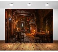 BELECO 2.7x1.8m Fabric Medieval Tavern Backdrop for Photography Wooden Interior Candle Light Fireplace Ancient Tavern Inn Bar Restaurant Background for Party Decorations Photo Booth Studio