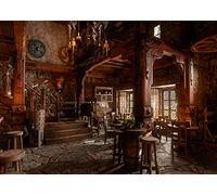 BELECO 2.7x1.8m Fabric Medieval Tavern Inn Bar Backdrop for Photography Ancient Wooden Interior Tables Stools Fantasy Background for Party Decorations Photo Booth Studio