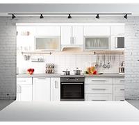 BELECO 2.7x1.8m Fabric Modern Kitchen Backdrop for Photography White Kitchen Wall Background for Video Recording Cooking Party Decorations Kids Adults Portrait Photoshoot Studio Booth