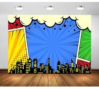 BELECO 2.7x1.8m Fabric Super City Backdrop for Superhero Photoshoot Comic Urban Skyline City Boom Super Cities Background for Superhero Party Decorations Baby Shower Birthday Photoshoot Studio Props