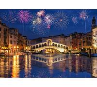 BELECO 2.7x1.8m Fabric Venice Italy Night Backdrop Colorful Fireworks Rialto Bridge and Garde Canal Background Festival Celebration Christmas New Year Eve Party Decorations Banner Portrait Photo
