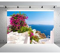 BELECO 2.7x1.8m Greece Santorini Island Backdrop for Photography Blue Aegean Sea Landscape Blossoming Flowers Santorini Background Greece Theme Party Decorations Studio Booth Photo Wallpaper