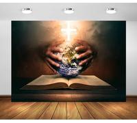BELECO 20x10ft Fabric Holy Bible Cross Backdrop Hands Holding The World on an Open Bible, Christian Cross Jesus Christ Background Backdrop Religious Belief Christian Church Decor Easter Photo Props