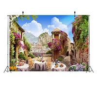 BELECO 3.5x2.5m Fabric Europe Ancient Old City Italy Photography Backdrop Tuscany Spring Floral Street Cafe Restaurant Mountain City Scenery for Italian Theme Party Decorations Portrait Photo