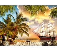 BELECO 3.6x2.5m Fabric Beach Island Pirate Ship Backdrop Ocean Seascape Palm Trees Background Wooden Floor Treasure Box Oak Barrels for Halloween Pirate Theme Birthday Party Decorations Kids Photo