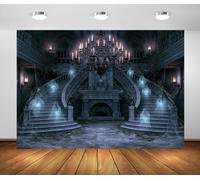 BELECO 3.6x2.5m Fabric Haunted Gothic Mansion Backdrop | Haunted House Spooky Ghost Cobweb Chandelier with Candles Skull Fireplace Backdrop Halloween Party Decorations Photo Props