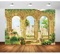 BELECO 3.6x2.5m Fabric Romantic Greece Palace Garden Backdrop for Photography Ancient Stone Arch with Green Leave Vines Statues Ancient Pillar Ruins Background Greece Party Decorations Photo Props