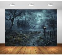 BELECO 3.6x2.5m Fabric Spooky Haunted House Graveyard Full Moon Backdrop | Creepy Misty Forest Abandoned Mansion Cemetery Tombstones Dead Trees Horror Backdrop Halloween Party Decorations Photo Props