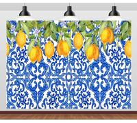 BELECO 3x2.5m Fabric Blue Tiles Lemon Backdrop Lemon Party Decorations Watercolor Lemons Fruit Birthday Background Summer Mediterranean Amalfi Coast Decorations Italian Party Banner Photo Props