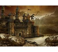 BELECO 3x2.5m Fabric Fantasy Fairytale Castle Backdrop Giant Dragon Scene Medieval Architecture Mountain Lake Landscape Photography Background Wallpaper Kids Children Adults Photoshoot Photo