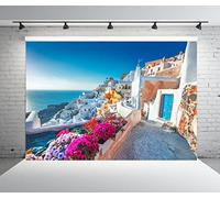 BELECO 3x2.5m Fabric Greece Santorini Island Backdrop White Houses Architecture Romantic Aegean Sea Blooming Flowers Background for Birthday Wedding Photography Greece Party Decorations Photo