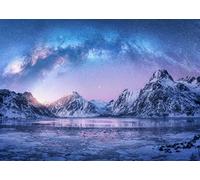 BELECO 3x2.5m Fabric Norwegian Winter Landscape Backdrop Arctic Snow Covered Mountains and Sea Universe Space Night Sky Star Backdrop Norway Winter Scene Birthday Party Decor Holiday Photo