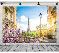 BELECO 3x2.5m Fabric Paris Eiffel Tower Backdrop Romantic Paris City View Spring Blooming Flowers Blue Sky White Clouds Photography Background Paris Party Decorations Portrait Photoshoot Studio