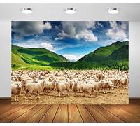 BELECO 3x2.5m Fabric Rural Pasture Herd of Sheep Backdrop for Photography Green Mountains Alps Highland Sheep Lamb Spring Summer Grazing Background Shepherds Photoshoot Studio Booth Wallpaper