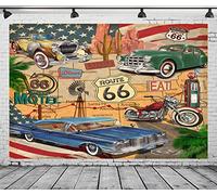 BELECO 3x2.5m Fabric Vintage Route 66 Themed Photography Backdrop Comic Retro Road Map Motel Motorcycle Classic Cars American Historic Route 66 Background for Birthday Party Decorations Photo Props