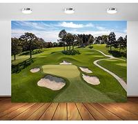 BELECO 3x2m Fabric Golf Course Backdrop for Photography Green Grass Lawn Bunker Trees Blue Sky White Clouds Outdoor Golf Backdrop Party Decorations Birthday Shoot Holiday Photo Studio Props