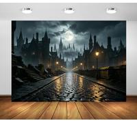BELECO 3x2m Fabric Gothic Castle Backdrop Haunted Village Background | Cobblestone Street Spooky Moon Night Backdrops Gothic Themed Halloween Party Decorations Banner Photoshoot Props