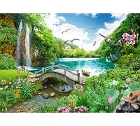 BELECO 3x2m Fabric Picturesque Garden Background Outdoor Tropical Landscape Mountain Trees Waterfall Lake Birds White Horse Wooden Bridge Scenery Wedding Birthday Shoot