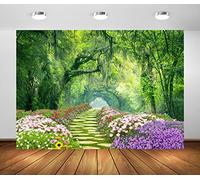 BELECO 3x2m Fabric Spring Flower Garden Backdrop Jungle Forest Park Stone Path Colorful Blooming Flowers Scenery Portrait Photoshoot Home Wall Decor Photo Studio Props