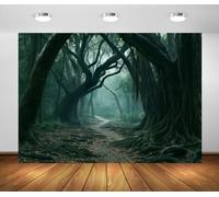 BELECO 4.6x2.5m Fabric Foggy Forest Backdrop Dark Trees Path Background | Twisted Tree Root Green Jungle Trail Woodlands Backdrops Halloween Themed Party Decorations Banner Photography Props