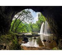 BELECO 4.6x3m Fabric Tropical Forest Waterfall Backdrop Mountain Cave Waterfalls Green Trees Lake Nature Background Wallpaper Outdoor Travel Adventure Hiking Camping Portrait Studio