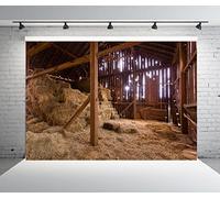 BELECO 4.6x3m Fabric Western Farm Barn Nativity Backdrop Interior Old Barn Manger Scene Straw Bales Haystack Country Farmhouse Xmas Party Nativity Kids Newborn Props